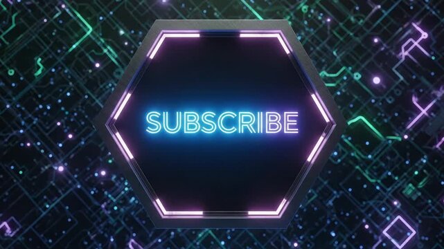 Futuristic Hexagon Button with "Subscribe" Text and Abstract Circuit Board Background