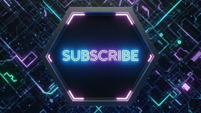 Futuristic Hexagon "SUBSCRIBE" Button with Neon Glow on Circuit Board Background