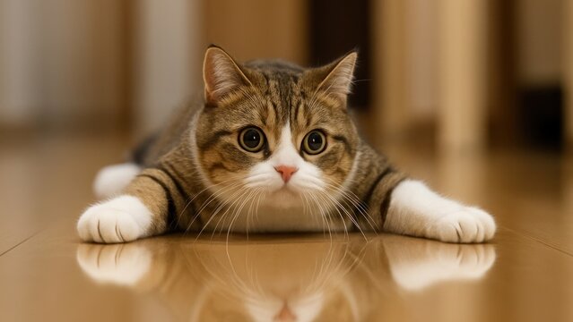 Playful cat on wooden floor desktop wallpaper