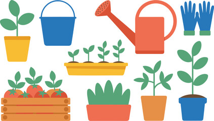 Backyard harvest vector collection featuring a wooden crate of tomatoes red watering can blue bucket garden gloves and various potted seedlings. © Mst Fateha Begum
