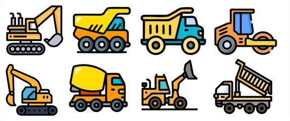Comprehensive set of construction vehicle icons, including excavators, dump trucks, cement mixers, and road rollers, colorful vector illustration on white. © hadi