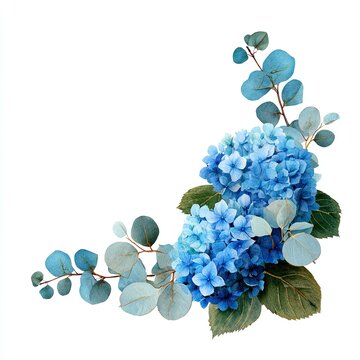 An arrangement of blue hydrangea and eucalyptus leaves. Corner design on white background