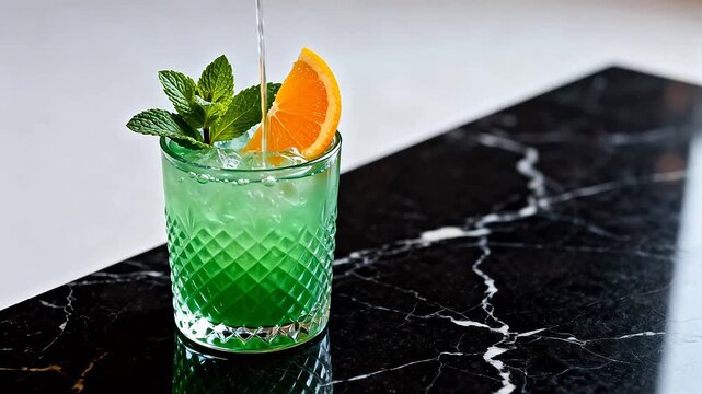 Green cocktail with mint and orange slice