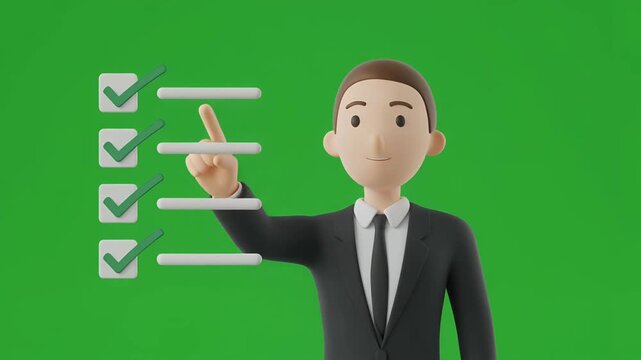 3d animated business character pointing at checklist on green background.
