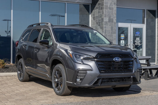 Subaru Ascent Premium SUV display at a dealership. Subaru offers the Ascent with a 2.4L Turbocharged BOXER engine. MY:2026