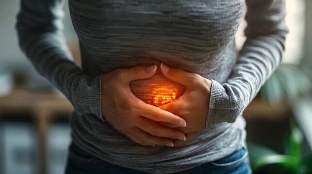 Person holding abdomen with glowing orange light, indicating stomach pain or discomfort