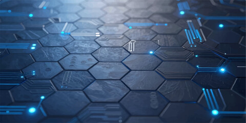 Fototapeta premium A 3d digital technology background featuring a blue circuit board pattern with glowing data cubes and electronic network shapes for a modern web business wallpaper illustration