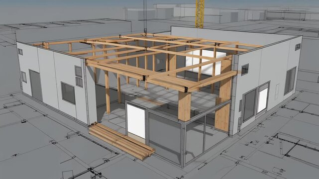 3D BIM architectural model shows progressive house framing sequence.