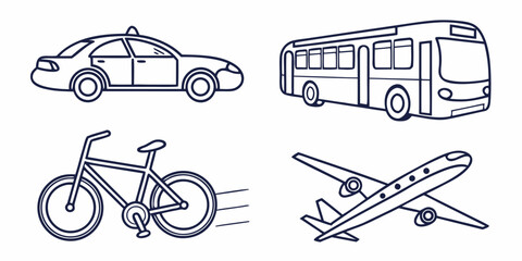 A collection of various transportation vehicles including a police car, bus, bicycle, and airplane. © Icon Set