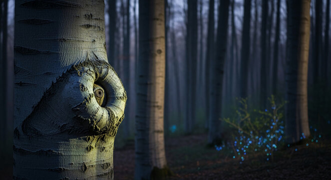 Close-up of bark texture on a tree trunk with a knothole, in a forest. Represents nature and resilience, suitable for environmental concepts