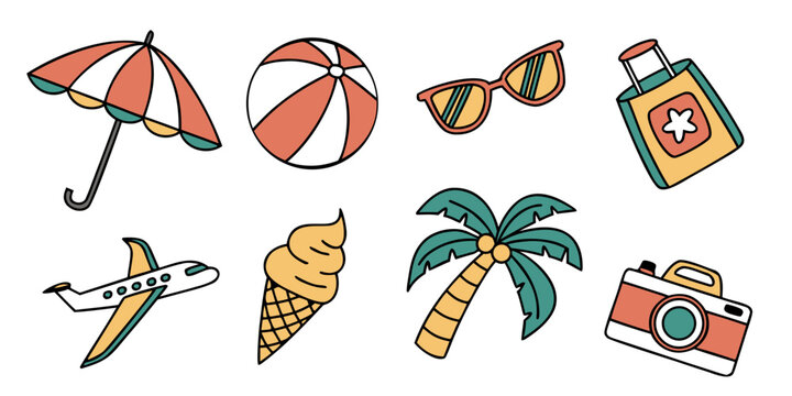 Assorted colorful beach items including umbrellas, towels, and a cooler