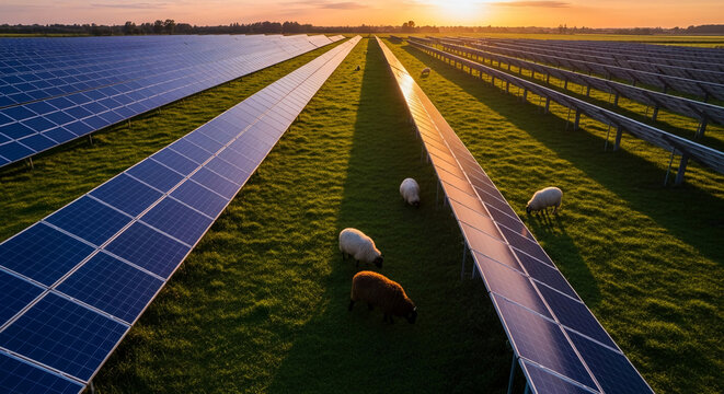 Aerial view of solar panel rows and sheep grazing in a field at sunset, showcasing sustainable energy, harmonious coexistence, and renewable power