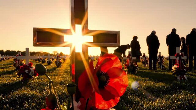 A cemetery with crosses and people standing in the background