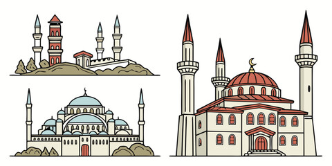 Detailed illustration of a mosque with minarets and domes in traditional islamic architecture © Icon Set
