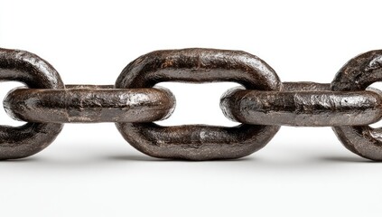 Obraz premium Close-up of rusty metal chain links on white background; detail of connection and strength