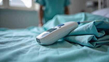 Fototapeta premium Digital medical thermometer on hospital bed in clinical care setting