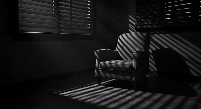 A dark room with a single chair illuminated by sunlight through closed blinds on windows