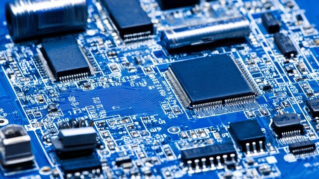 Printed circuit board with processor, microchips, and binary code, showing high-tech electronic design, abstract digital technology background, organized layers for IT and electronics