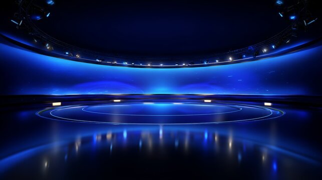 Television studio background with empty circular space, blue walls, elevated round stage, shining lights, and reflective surfaces, modern virtual set for media and broadcasting