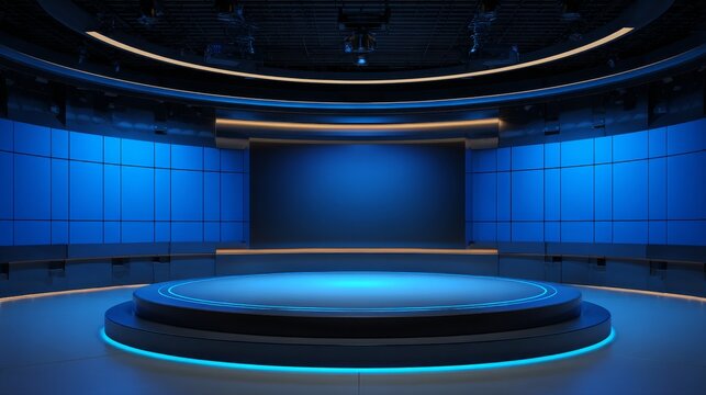 Television studio background with empty circular space, blue walls, elevated round stage, shining lights, and reflective surfaces, modern virtual set for media and broadcasting
