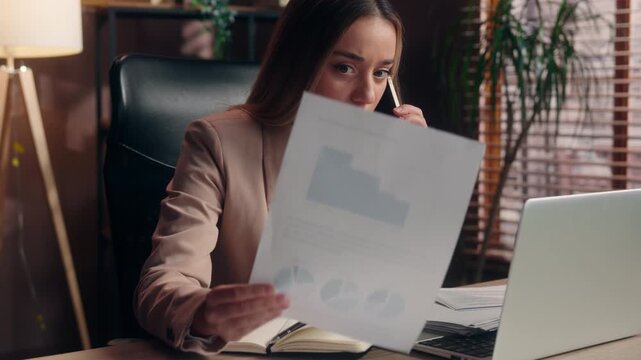 Angry irritated Caucasian business woman throwing away papers arguing phone call looking laptop in office businesswoman annoyed throw document mistake report bad result female girl talk feeling stress