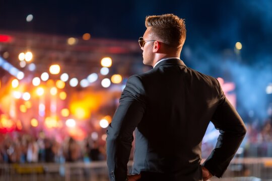 Professional Bodyguard Overseeing Event Security at Night with Outdoor Audience