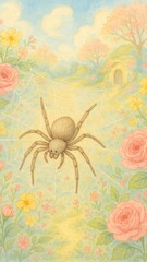 Fototapeta premium Whimsical spider on floral mobile wallpaper