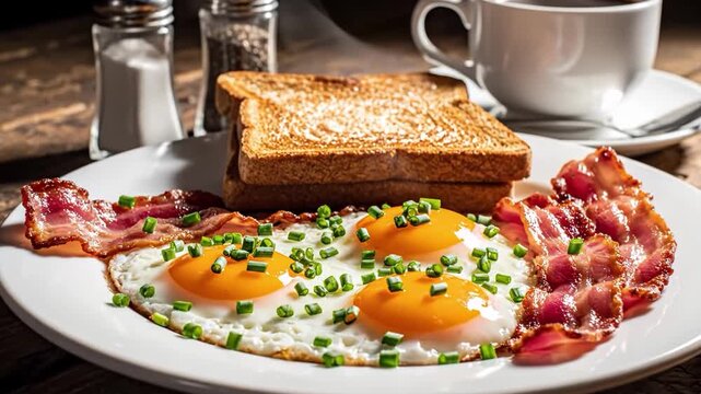 Delicious breakfast plate with eggs bacon toast and coffee on wooden table