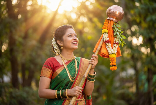 Happy indian woman celebrating traditional festival gudhi padawa