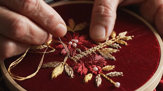 Close-up of hands embroidering a floral pattern with gold and red threads on velvet