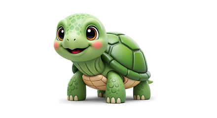 Obraz premium Cheerful 3D Illustration of a Cute Baby Tortoise Character with a Friendly Smile, Joyful Green Turtle Cartoon Mascot Isolated on a Pure White Background for Child Design