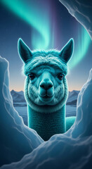 Fototapeta premium Close-up of a blue alpaca framed by ice, under aurora. It represents animal, nature and Northern lights, suitable for travel or adventure themes