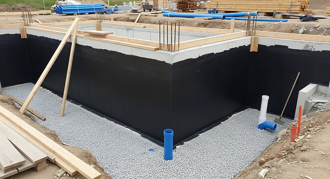 Industrial black liquid waterproofing protective coating applied on a heavy concrete foundation wall at a residential construction site with protective wooden framework and structural support.