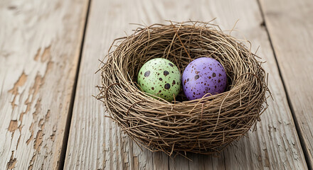 Obraz premium A bird's nest with colorful easter eggs on a wooden table