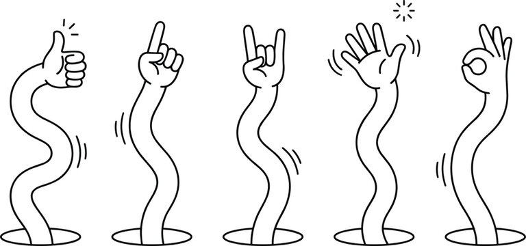 hand gestures thumbs up pointing rock sign waving palm ok sign doodle style vector outline icon set simple cartoon hands isolated on transparent background