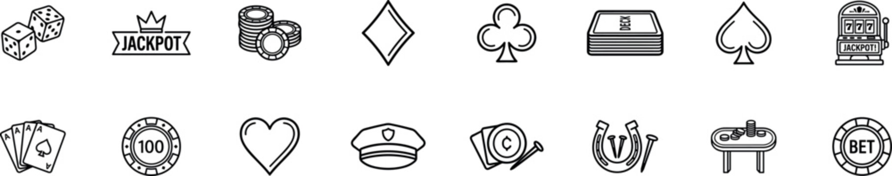 casino gambling icons poker chips dice playing cards slot machine jackpot symbols vector outline icon set with bet chip deck and casino elements isolated on transparent background