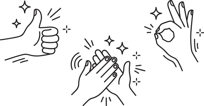 hand gesture icons thumbs up clapping hands and ok sign approval and applause symbols vector outline icon set isolated on transparent background