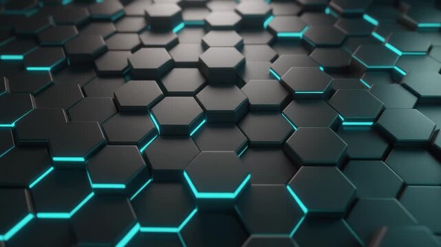 Futuristic Hexagonal Tiles Arranged in an Endless Metallic Pattern Against a Cyan-Glowing Abstract Background