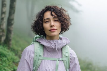 Fototapeta premium Caucasian female adult hiker lilac jacket with mint backpack in foggy woodland closeup portrait calm expression