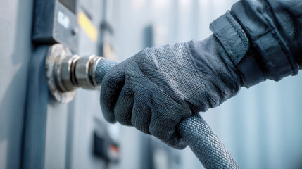 Worker connects a hose to a fuel pump at an industrial site on a clear day