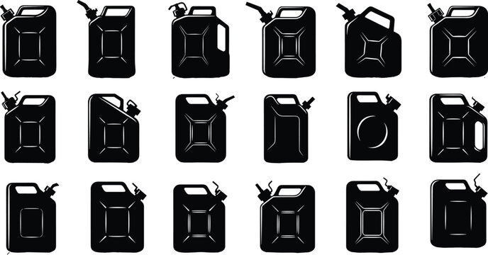 Collection of fuel jerry can silhouettes for automotive gasoline storage emergency supply and industrial power icons