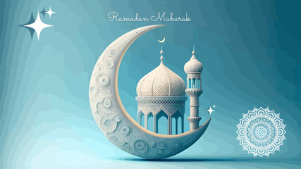 Eid Mubarak greeting card with mosque silhouette and cultural landmark style vector illustration © G D Kajol