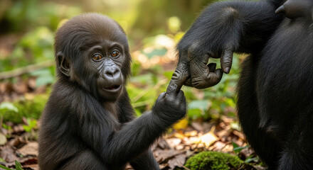 A curious young gorilla interacts with an adult gorilla's hand in a natural forest setting with