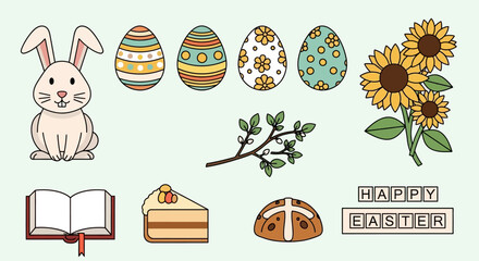 Obraz premium Easter Bunny, Decorated Eggs, Sunflowers, Cake, Book, and Cross Bun on Light Green Background