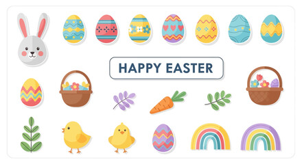 Fototapeta premium Happy Easter Bunny, Chick, Eggs, Carrots, Baskets, Rainbows - Festive Spring Holiday Vector Art