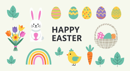 Fototapeta premium Happy Easter Bunny, Chick, Eggs, Flowers, Rainbow, Basket - Festive Spring Holiday Illustration