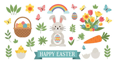 Fototapeta premium Happy Easter Bunny, Eggs, Flowers, Carrot, Rainbow, Butterflies - Festive Spring Holiday Illustration