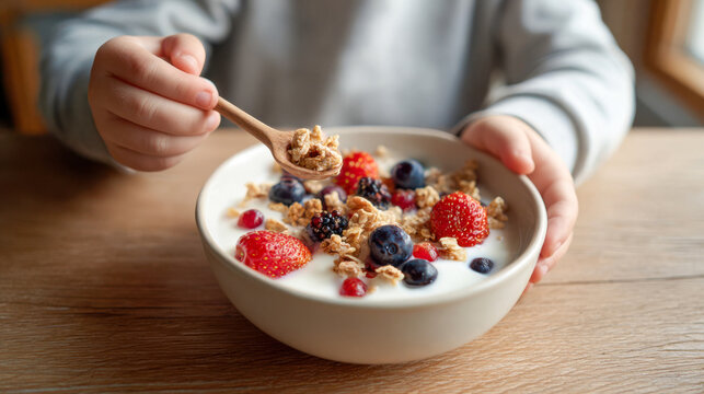 Child's hands hold a bowl of yogurt topped with berries and granola in a bright indoor setting