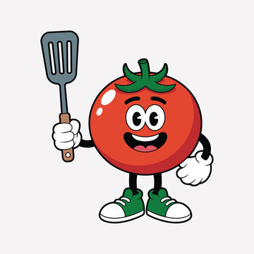 Smiling cartoon tomato character holding spatula vector illustration isolated on white background