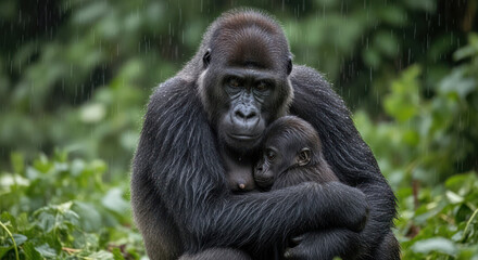 A gorilla tenderly holds a baby gorilla in its arms, sitting together in a lush green environment.
